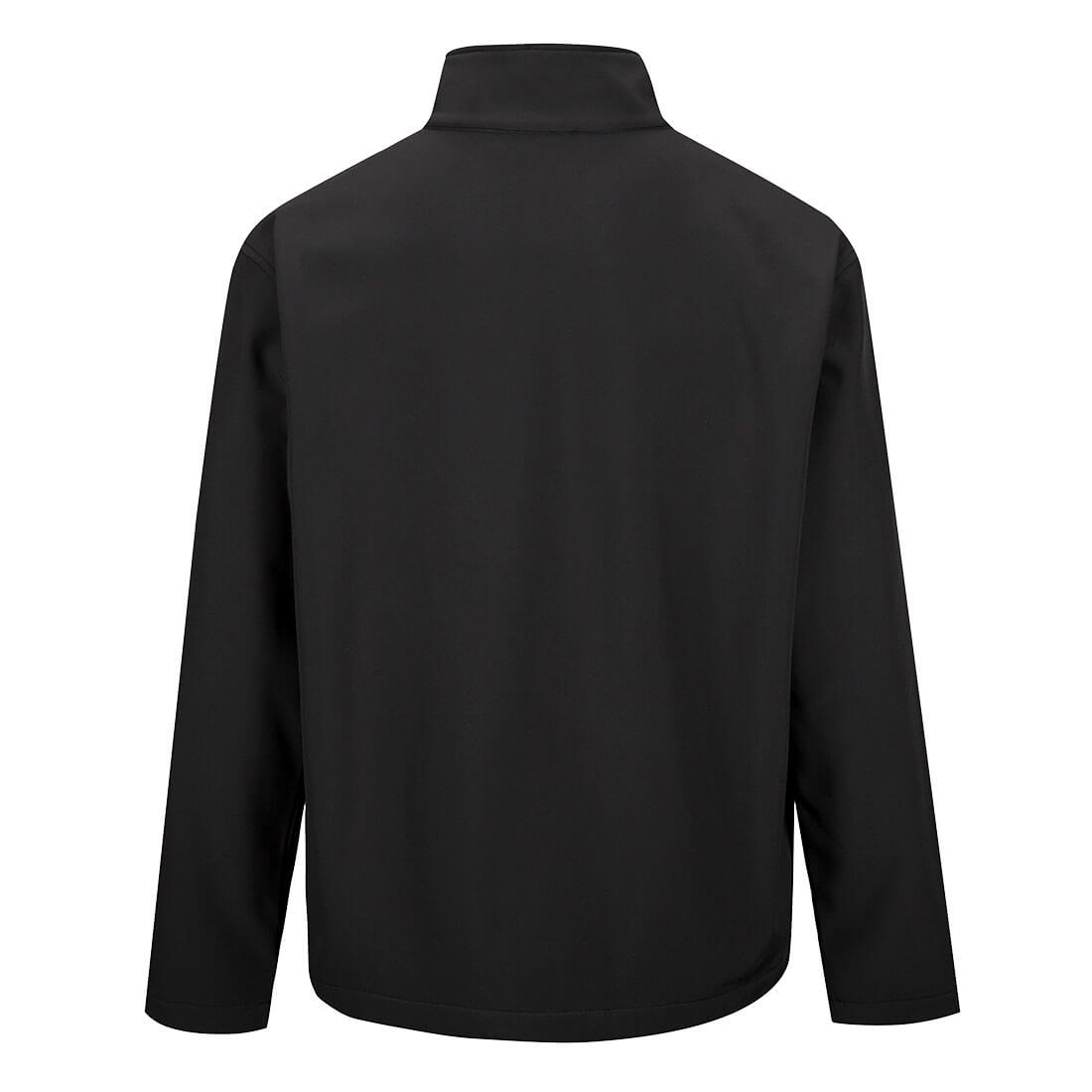 Herren-Softshelljacke mit Stehkragen und durchgehendem Reißverschluss, Rückansicht, schwarz