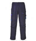 Kontrast-Hose mit blauen Ziernähten und Bundfalten, dunkelblaue Arbeitshose mit Taschen und Kordel