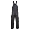 Schwarze Latzhose mit Kontrastbesatz, verstellbaren Trägern und Fronttasche