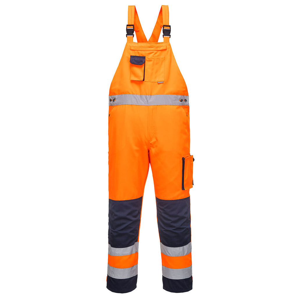 Warnschutz-Latzhose orange/dunkelblau, Reflexstreifen, Latz mit Taschen, verstellbare Träger