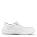 Weiße Slip-On-Slipper mit gepolstertem Rand und breiter Sohle, seitliche Zierkappe