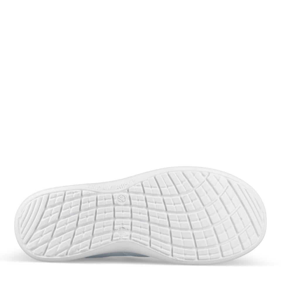 Weiße Laufsohle mit Rasterprofil für Halt, für Slip-On-Slipper