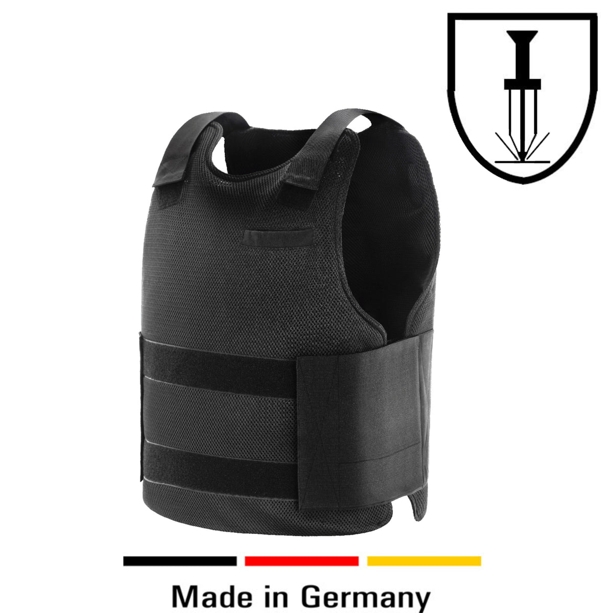 Schwarze Stichschutzweste mit Frontpolster und breiten Klettstreifen
