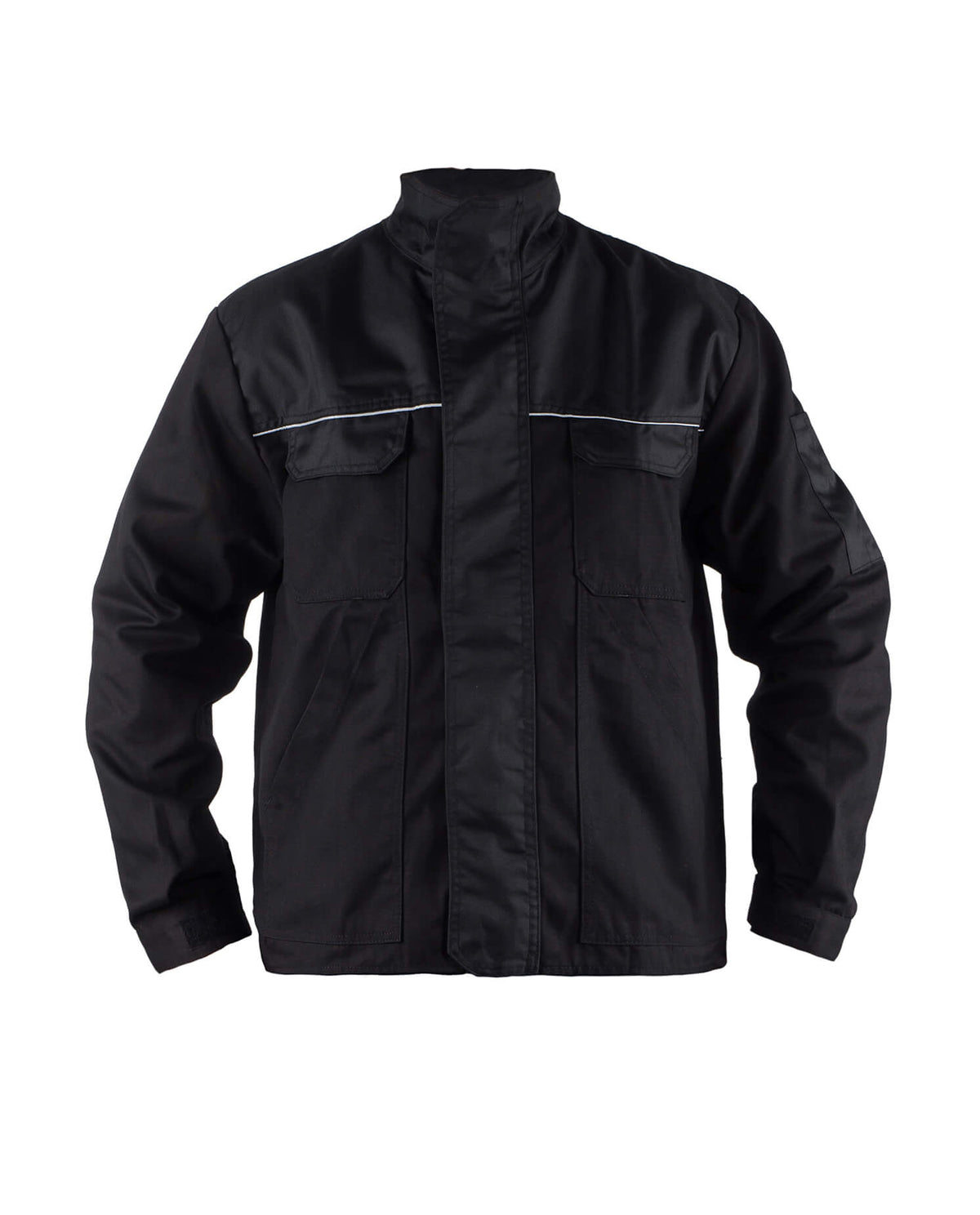 Herren-Arbeitsjacke schwarz, Stehkragen, Reißverschluss, Brust- und Seitentaschen, Reflexstreifen