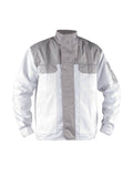 Herren-Arbeitsjacke, weiß mit grauen Einsätzen, Stehkragen und Frontreißverschluss