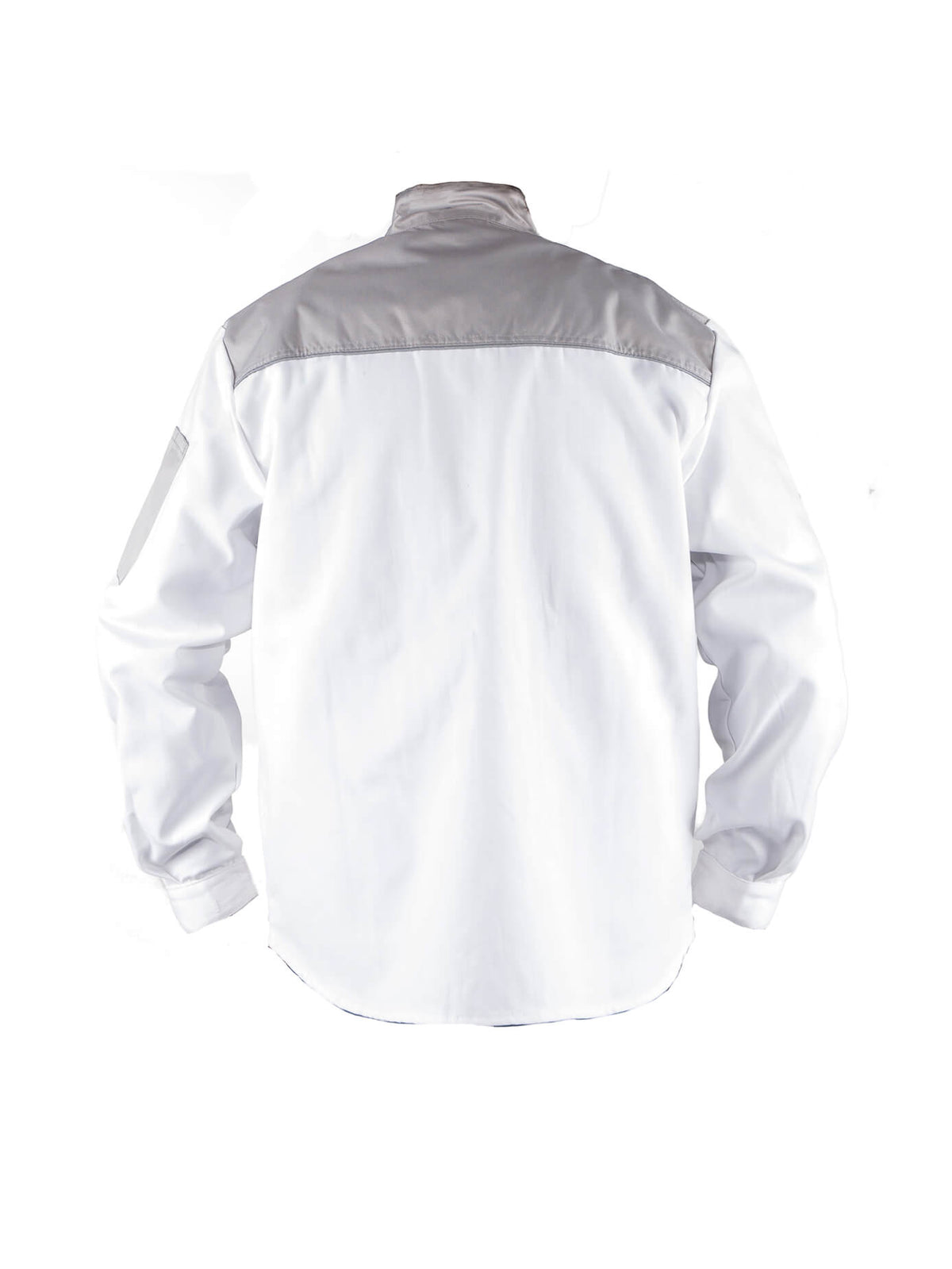 Herren-Arbeitsjacke, weiß, Rückansicht mit Stehkragen und Reißverschluss