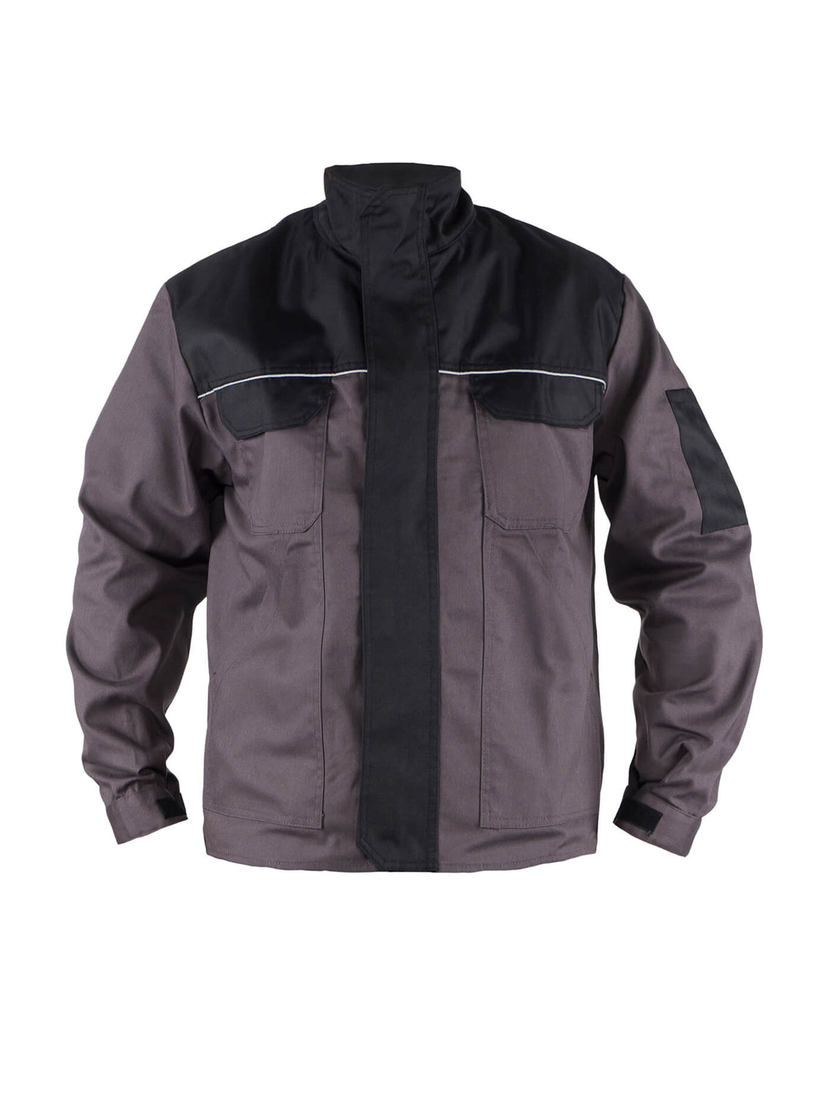 Herren-Arbeitsjacke grau mit schwarzem Stehkragen und reflektierenden Zierstreifen vorn
