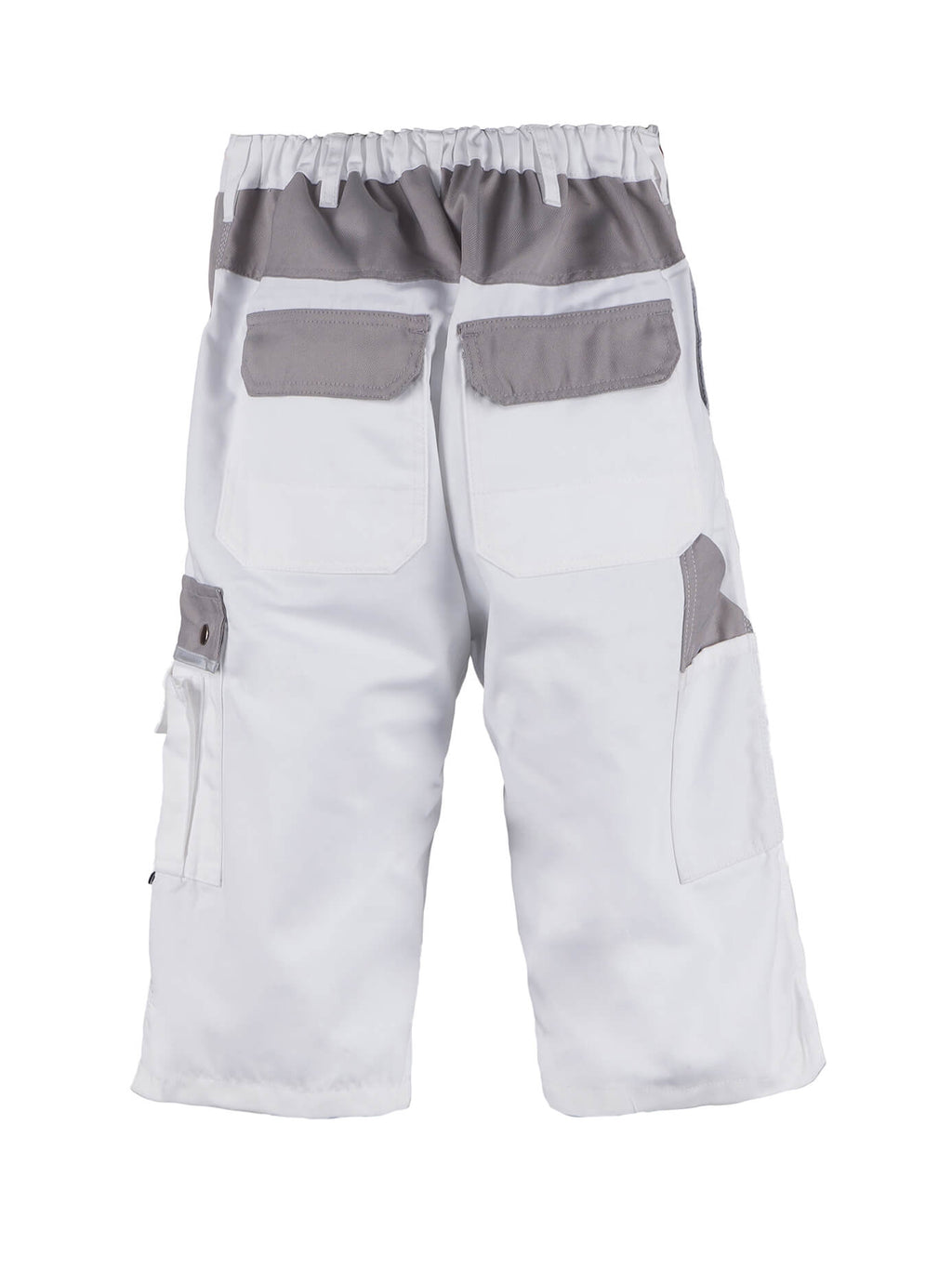 Herren-Arbeitsshorts weiß mit elastischem Bund, mehreren Cargotaschen und grauen Applikationen