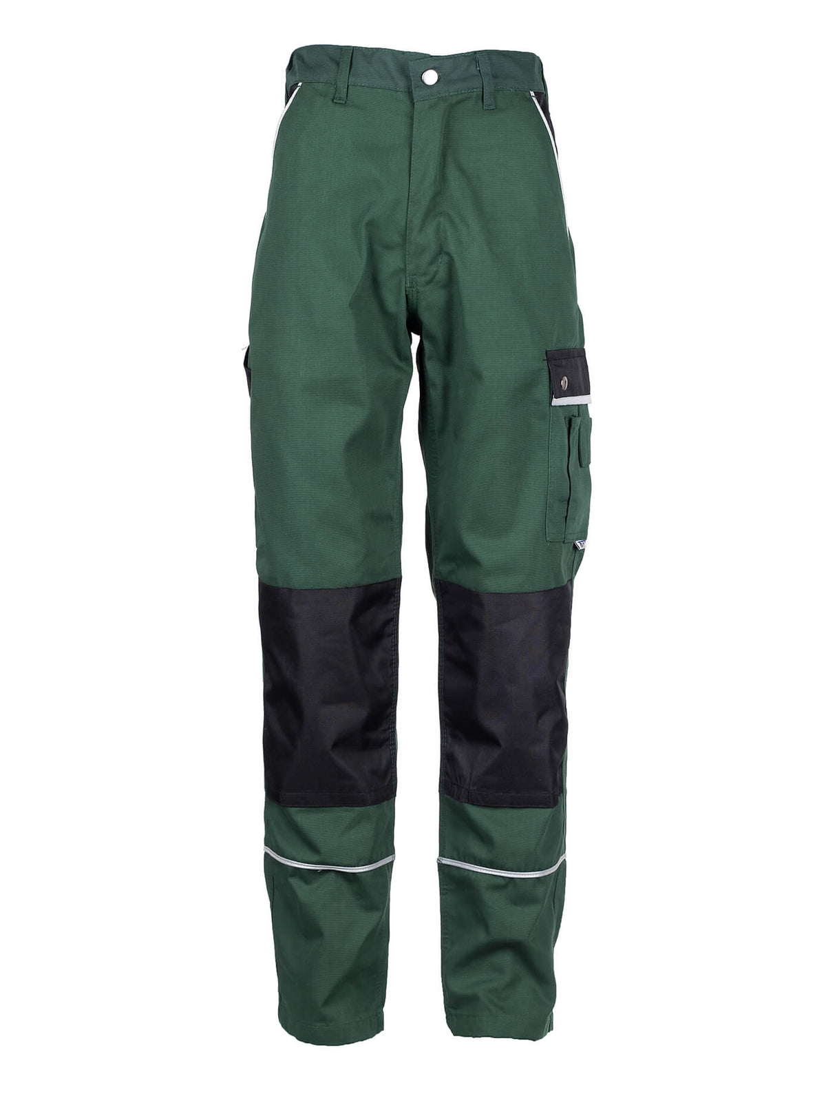 Grüne Arbeitshose mit dunklen Knieeinsätzen und reflektierenden Bändern, Bundhose