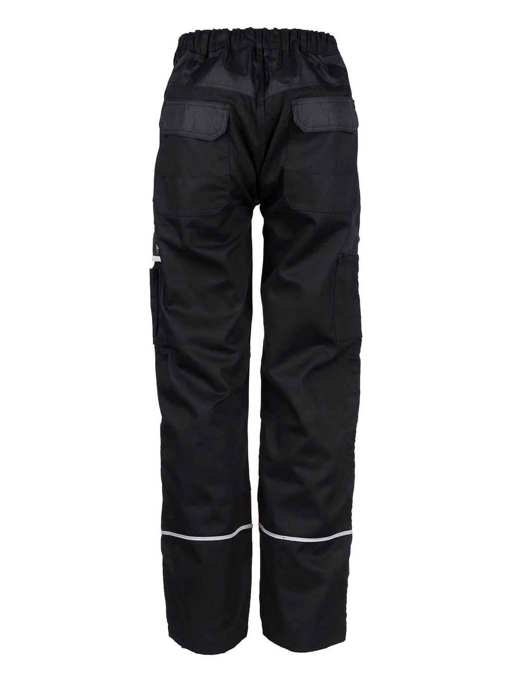 Schwarze Bundhose mit Gummizugbund, reflektierenden Streifen und Rücktaschen