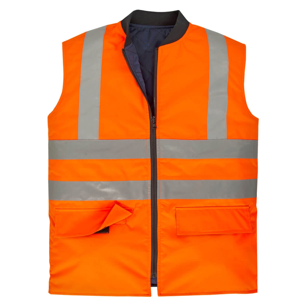 Warnschutz-Wendeweste, orange mit silbernen Reflexstreifen, Frontreißverschluss, Taschen
