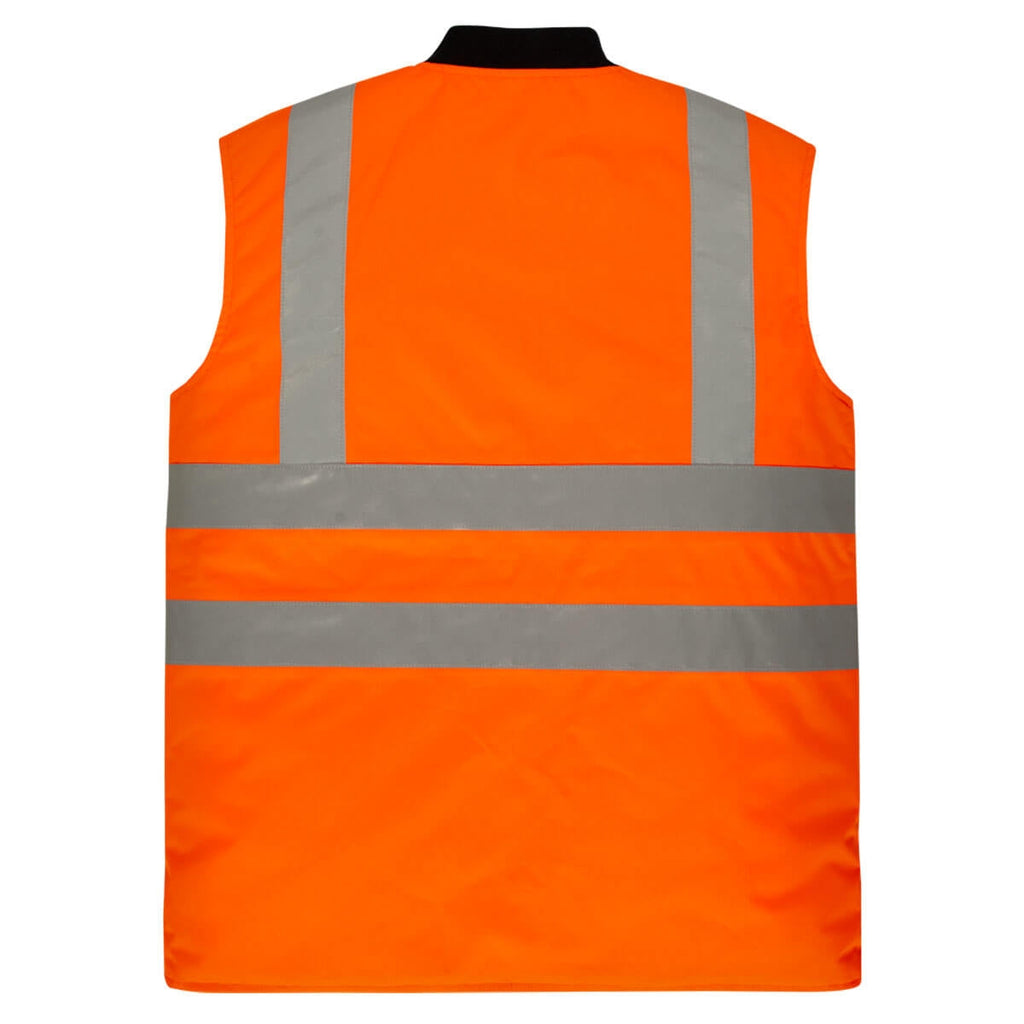 Warnschutz-Wendeweste, orange, Rückenansicht mit silbernen Reflexstreifen, mittiger Reißverschluss