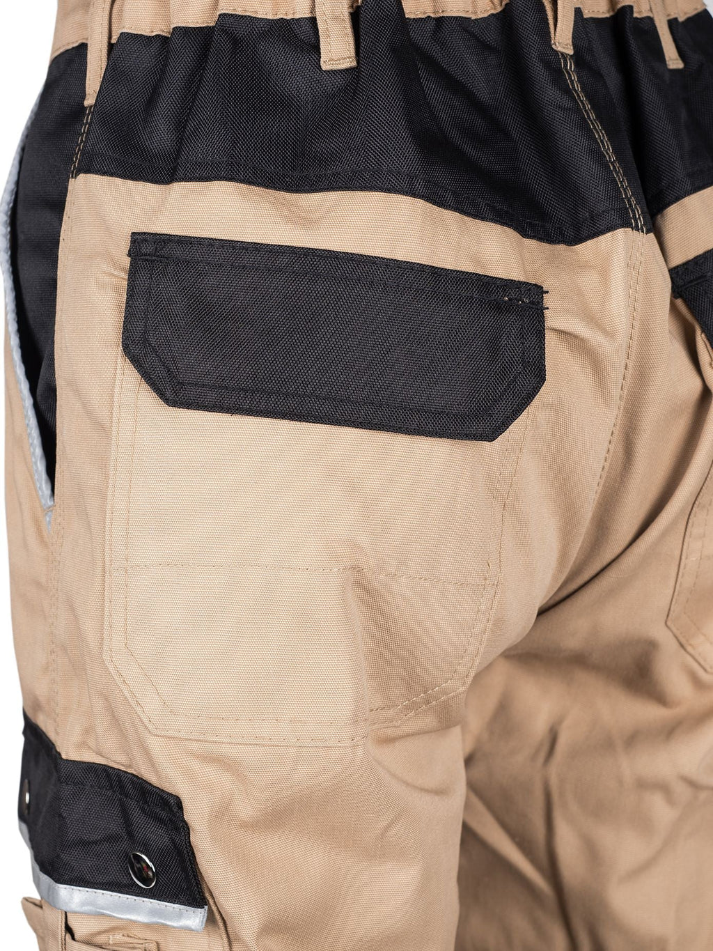 TMG Arbeitshose: beige mit schwarzer Tasche, Knopf und Innenfach