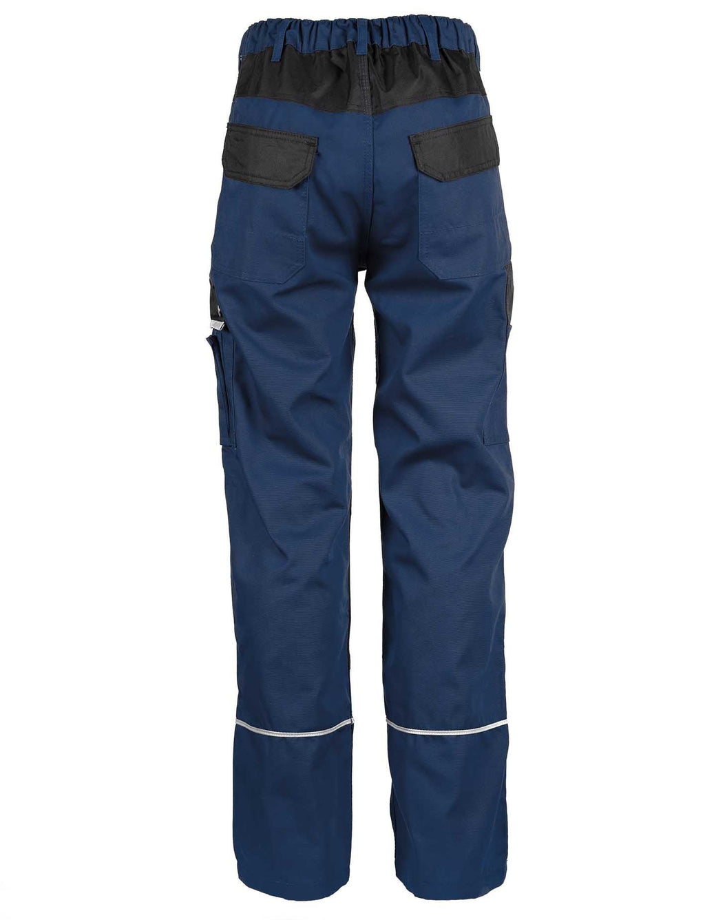 Herren Arbeitshose Rückansicht: marineblau mit schwarzen Einsätzen und Reflektorstreifen